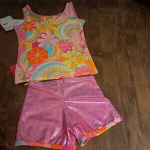 new Mondor metallic pink flower 70s style short top dance gymnastics 12-14
